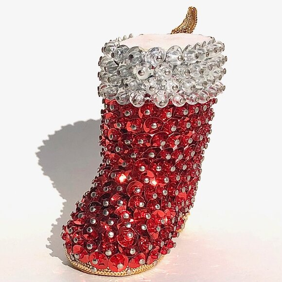 Vintage Push Pin Christmas Ornament Santa's Boot Handcrafted Red Sequins Beaded - Picture 4 of 14